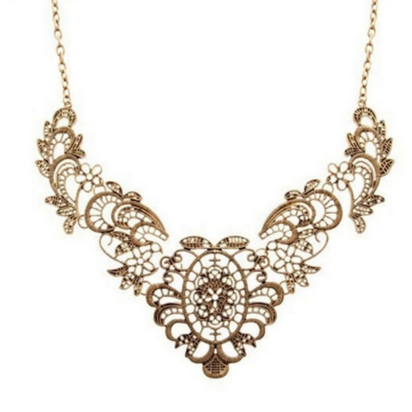 Vintage Collar Choker Necklace Bronze Tone Lace Carved Flower New - Picture 3 of 5